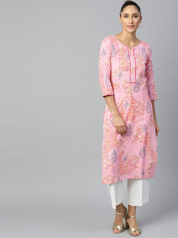 Women's Pink Calf Length Three-Quarter Sleeves Straight Floral Printed Cotton Kurta - Nayo Clothing