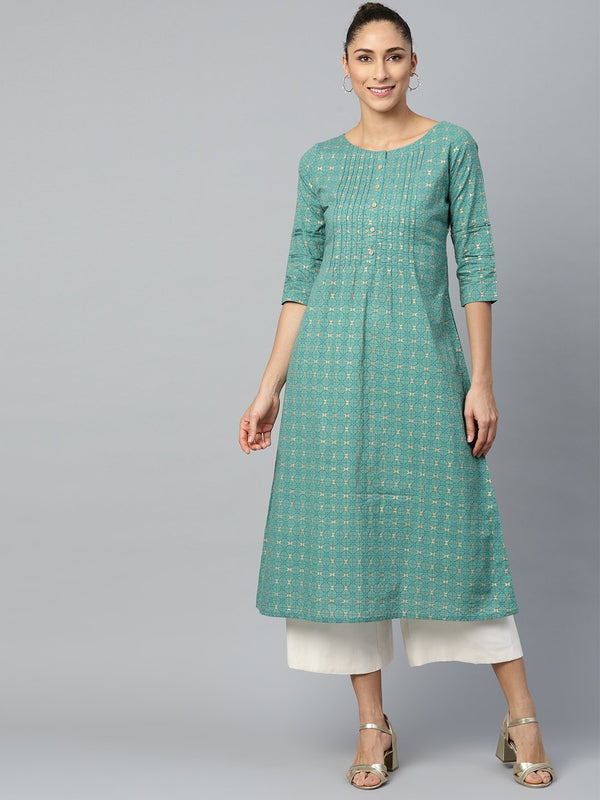 Women's Green Calf Length Three-Quarter Sleeves A-Line Geometric Yoke Design Cotton Kurta - Nayo Clothing