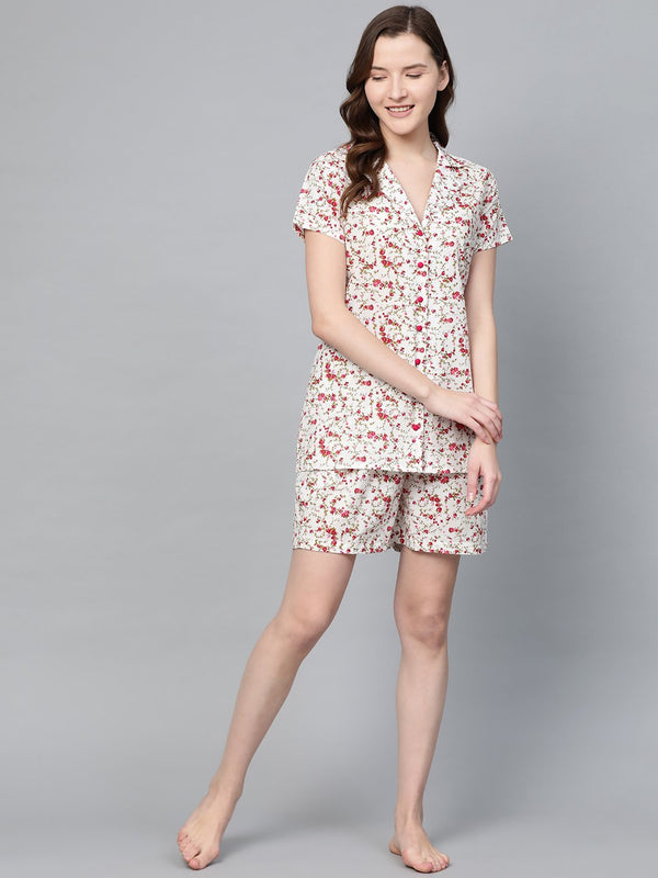 Women's White Floral Printed Night Suit - Nayo Clothing