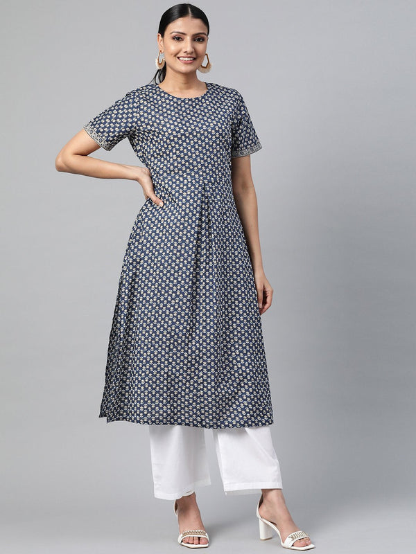 Women's Black Calf Length Short Sleeves Straight Floral Printed Cotton Kurta - Nayo Clothing