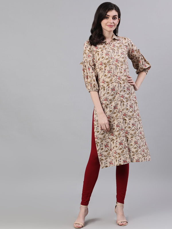 Women's Beige Calf Length Three-Quarter Sleeves Straight Floral Printed Cotton Kurta - Nayo Clothing