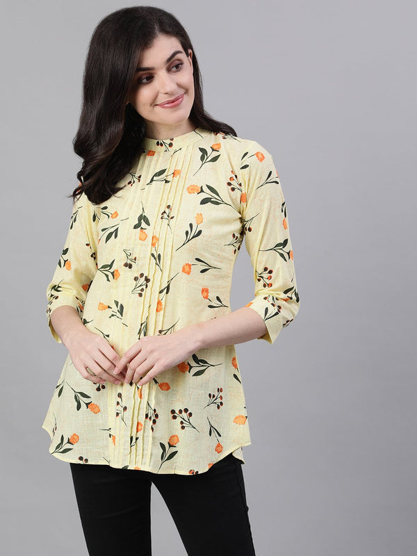 Women's Yellow Floral Print Pin-Tuck Tunic - Nayo Clothing