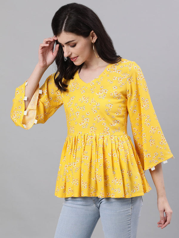 Women's Yellow Three-Quarter Sleeves Gathered Or Pleated Top - Nayo Clothing