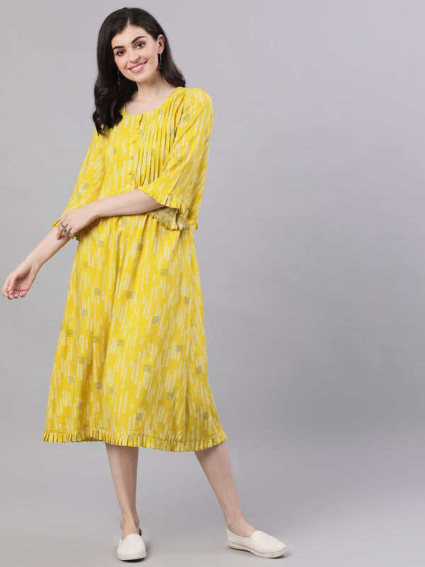 Women's Yellow Conversational Printed Round Neck Viscose Rayon A-Line Dress - Nayo Clothing