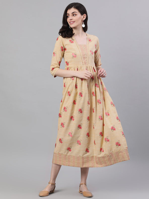 Women's Yellow Floral Printed Square Neck Cotton Maxi Dress - Nayo Clothing