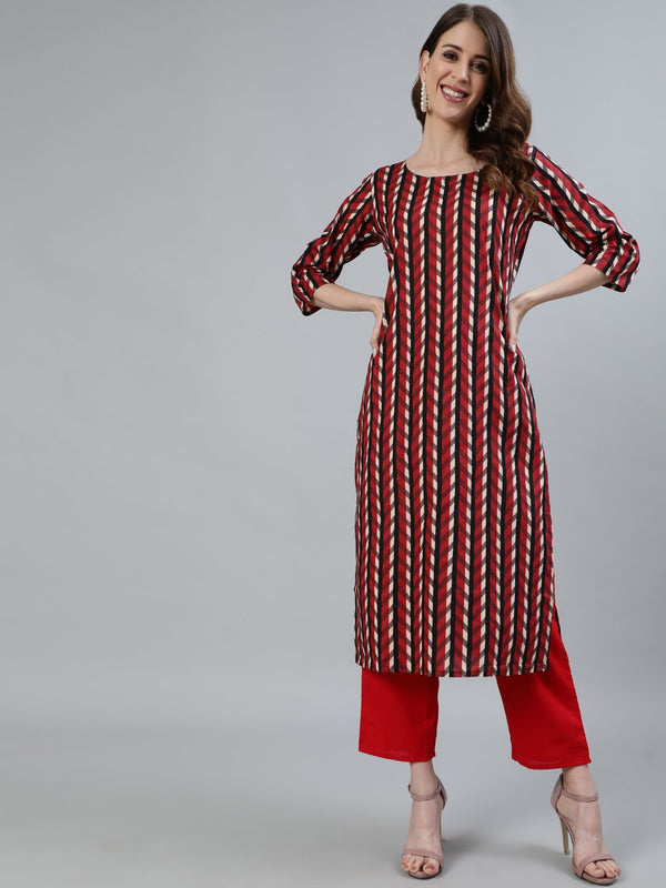 Women's Maroon Printed Straight Kurta With Three Quarter Sleeves - Nayo Clothing