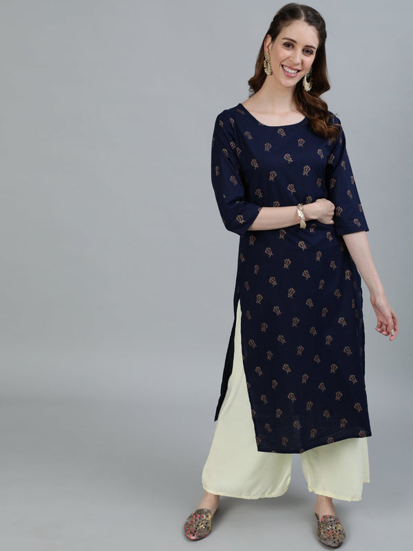 Women's Navy Blue Printed Straight Kurta With Three Quarter Sleeves - Nayo Clothing