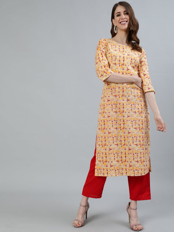 Women's Red Printed Straight Kurta With Three Quarter Sleeves - Nayo Clothing