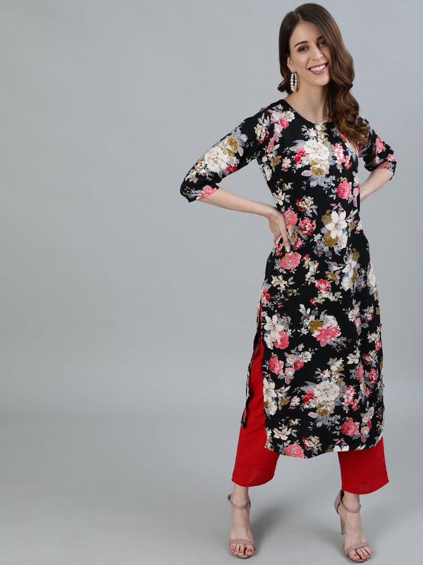 Women's Black Floral Printed Straight Kurta With Three Quarter Sleeves - Nayo Clothing