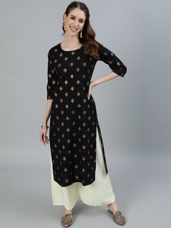 Women's Black Printed Straight Kurta With Three Quarter Sleeves - Nayo Clothing