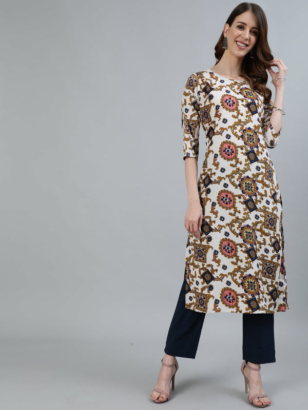 Women's Off - White Printed Straight Kurta With Three Quarter Sleeves - Nayo Clothing