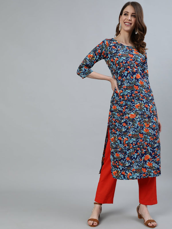 Women's Blue Printed Straight Kurta With Three Quarter Sleeves - Nayo Clothing