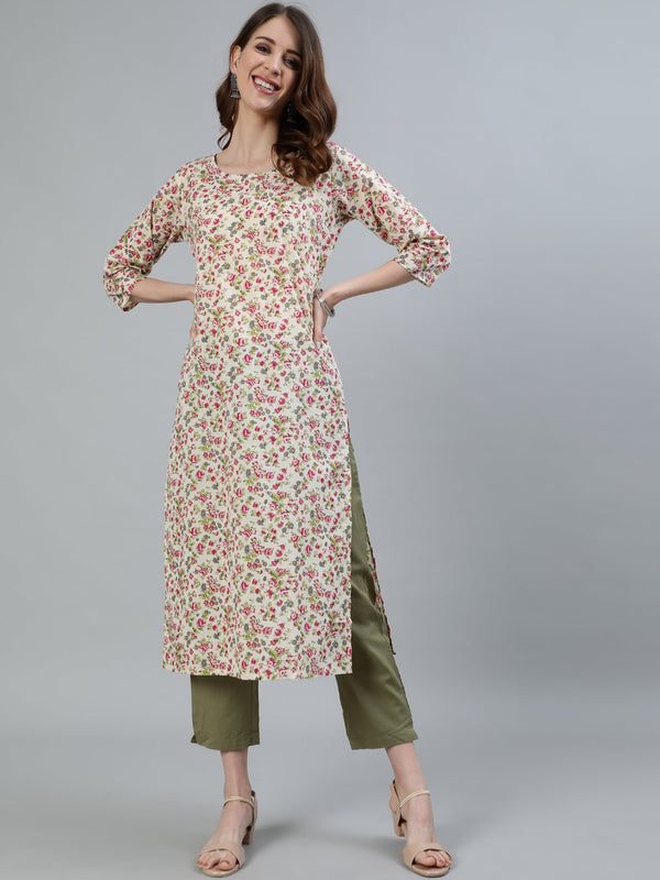 Women's Cream Floral Printed Straight Kurta With Three Quarter Sleeves - Nayo Clothing