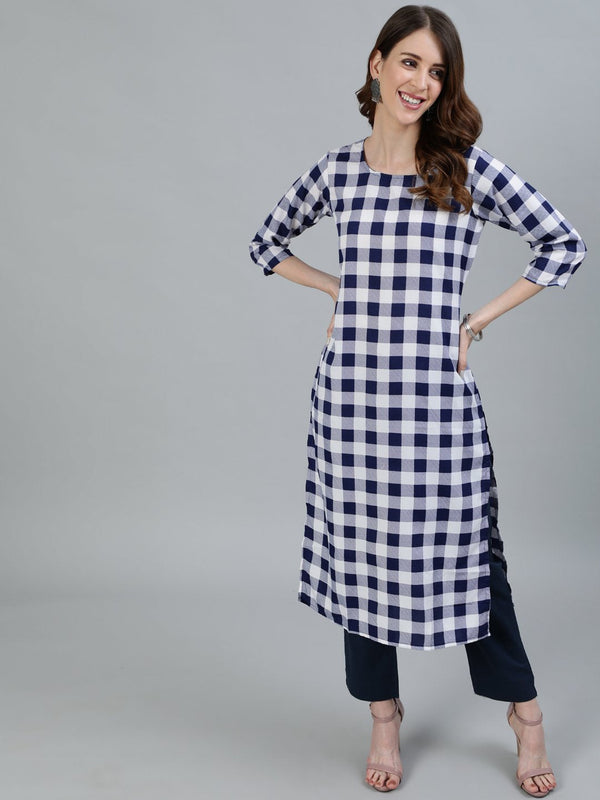 Women's Navy Blue Checked Printed Straight Kurta With Three Quarter Sleeves - Nayo Clothing