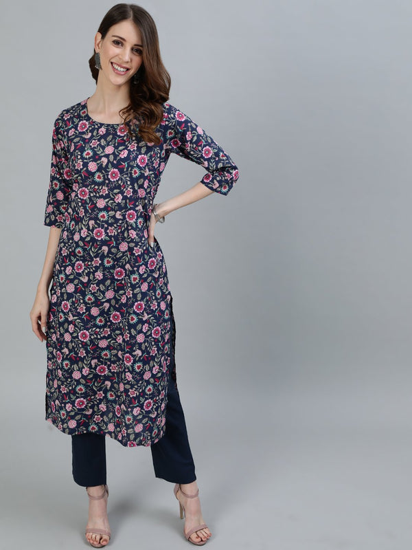 Women's Navy Blue Floral Printed Straight Kurta With Three Quarter Sleeves - Nayo Clothing