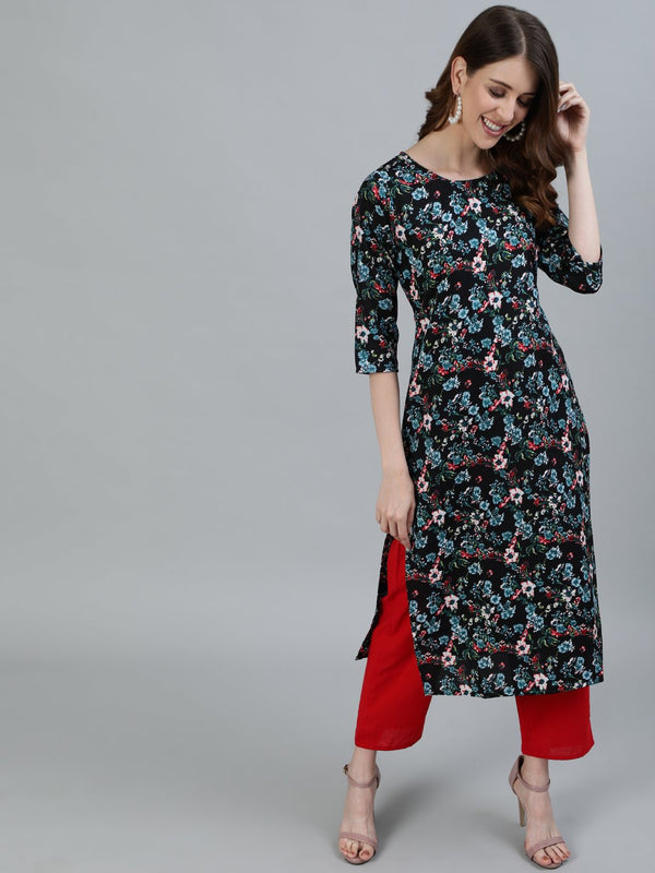 Women's Black Floral Printed Straight Kurta With Three Quarter Sleeves - Nayo Clothing