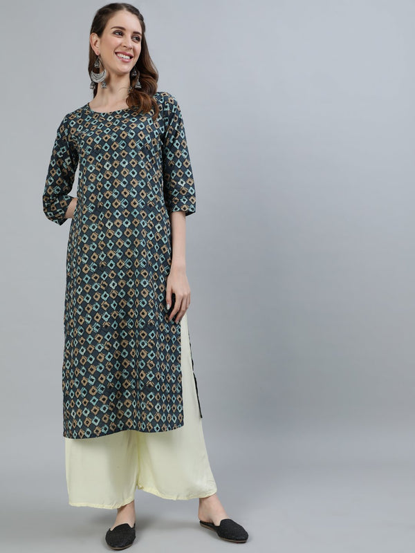 Women's Grey Printed Straight Kurta With Three Quarter Sleeves - Nayo Clothing