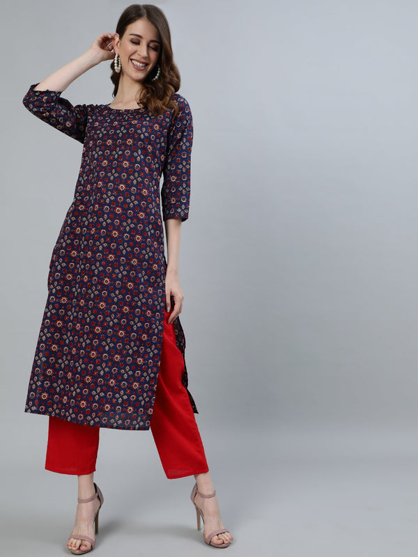 Women's Navy Blue Printed Straight Kurta With Three Quarter Sleeves - Nayo Clothing