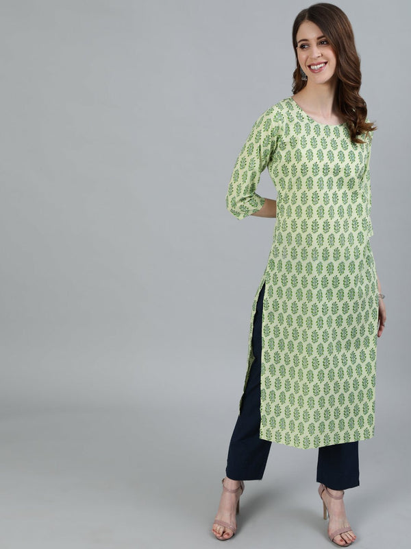 Women's Green Printed Straight Kurta With Three Quarter Sleeves - Nayo Clothing