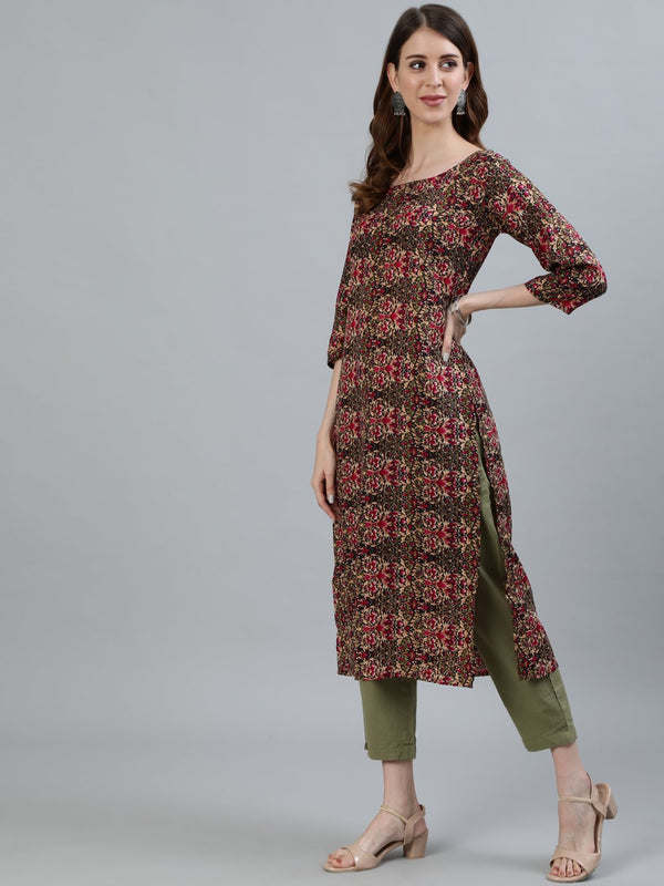 Women's Olive Green Printed Straight Kurta With Three Quarter Sleeves - Nayo Clothing