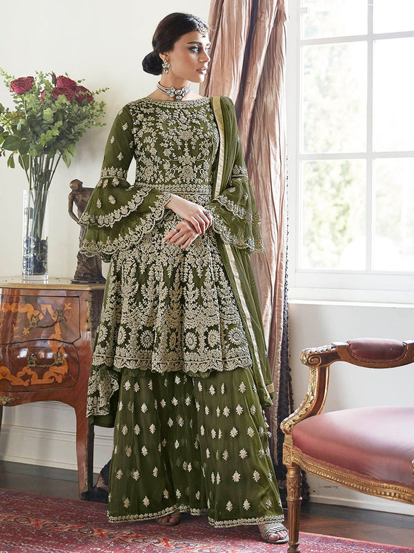 Women's Henna Green Embroidered Butterfly Net Anarkali Suit-Myracouture