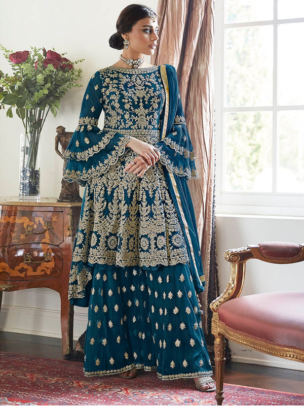 Women's Deep Blue Embroidered Butterfly Net Anarkali Suit-Myracouture