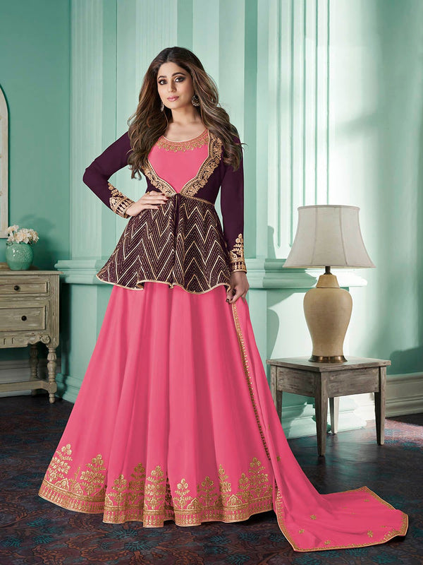 Women's Pink and Wine Real Georgette Party Wear Suit-Myracouture