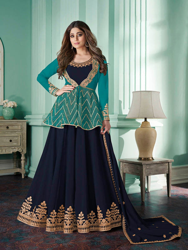 Women's Navy Blue and Firozi Real Georgette Party Wear Suit-Myracouture