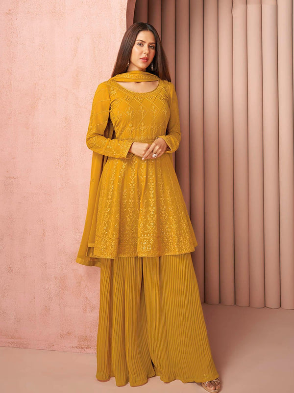 Women's Mustard Yellow Heavy Embroidered Real Georgette Sharara Suit-Myracouture