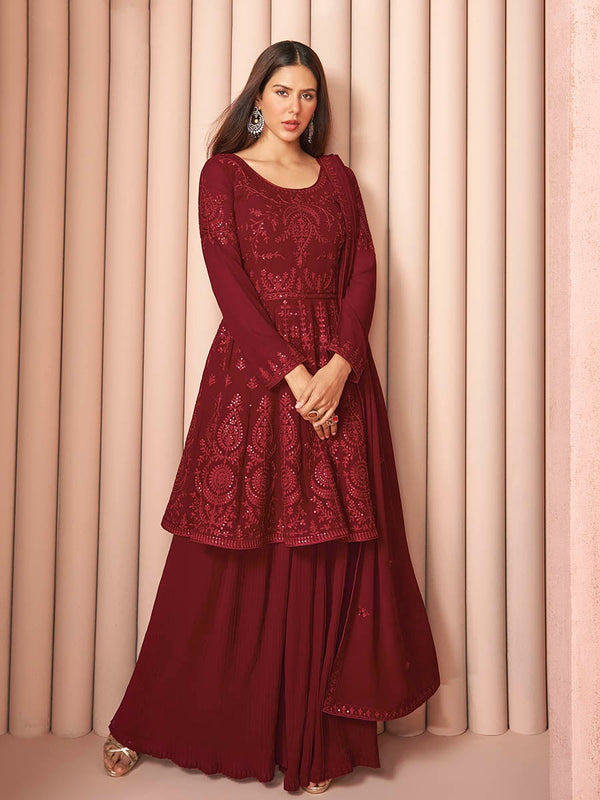 Women's Maroon Heavy Embroidered Real Georgette Sharara Suit-Myracouture