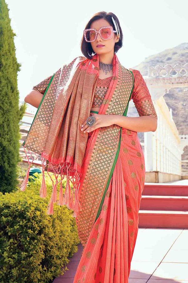 Women's Bright Peach Banarasi Saree - Karagiri