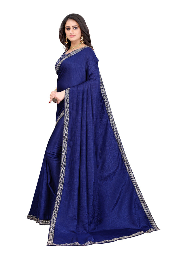 Women's Blue Silk Blend Lace Work Saree - Vamika