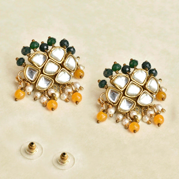 Women's Green And Orange Beads Kundan Earrings  - BeAbhika