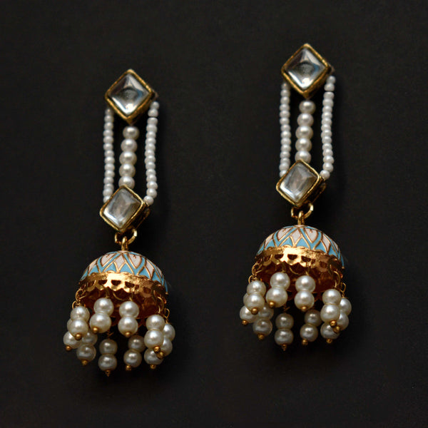 Women's Kundan & Blue Jhumki Earrings - BeAbhika