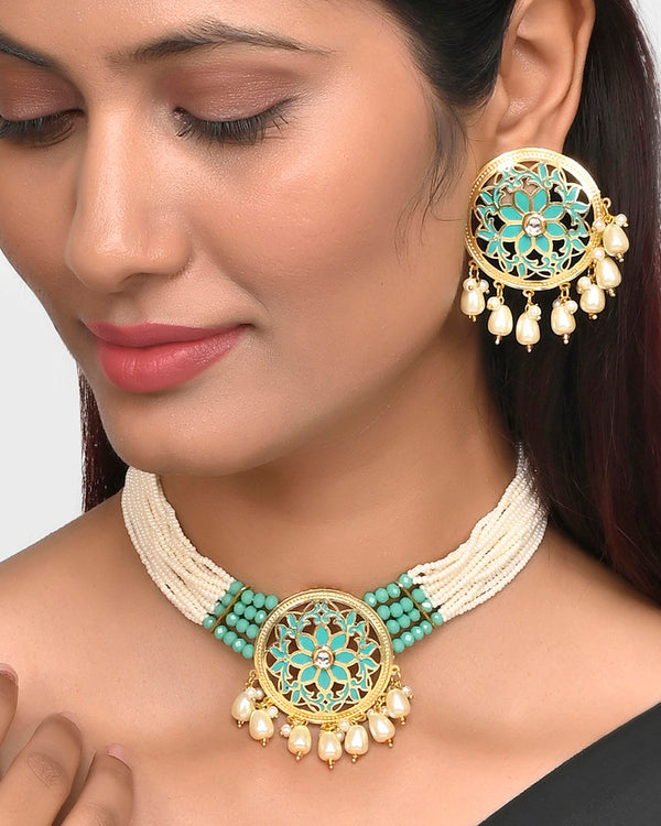 Women's Pearl Elegance Enamelled Floral Motifs Heavily Embellished Jewellery Set - Voylla