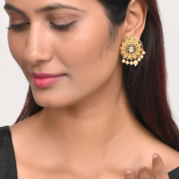 Women's Pearl Elegance Faux Pearls And Kundan Adorned Brass Gold Plated Large Stud Earrings - Voylla