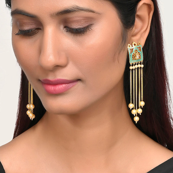 Women's Pearl Elegance Gold Plated Drop Style Brass Enamelled Temple Earrings - Voylla