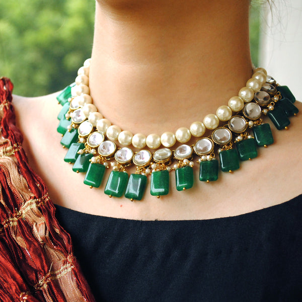 Women's Semi precious green stone and kundan necklace - BeAbhika