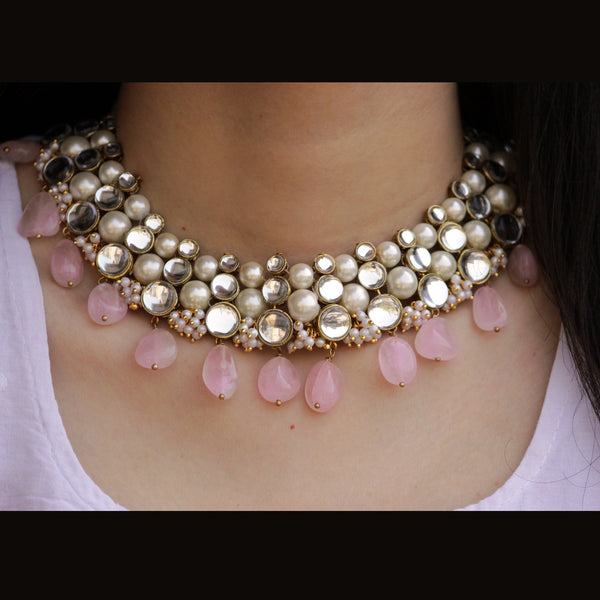 Women's Rose Quartz Semi Precious Necklace Set- BeAbhika