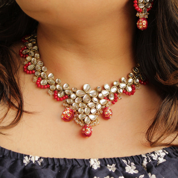 Women's Red Crescent Kundan Necklace Set  - BeAbhika