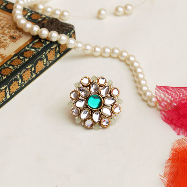 Women's Green kundan flower ring  - BeAbhika