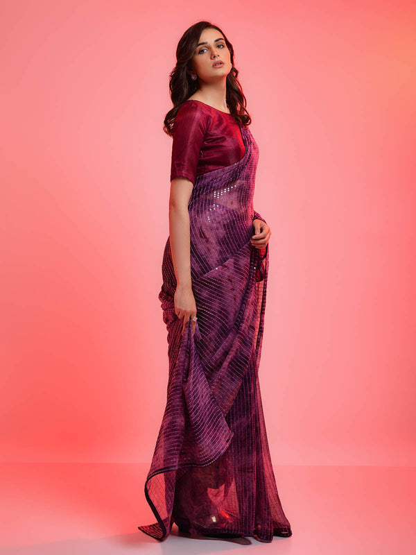 Women's Violet Chiffon Sequince Embroidered Saree - Odette