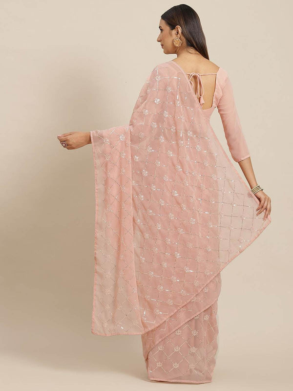 Women's Peach Georgette Embroidered Saree With Blouse - Odette