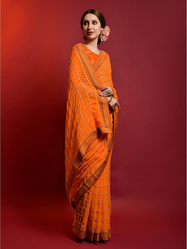 Women's Orange Georgette Saree With Blouse - Odette