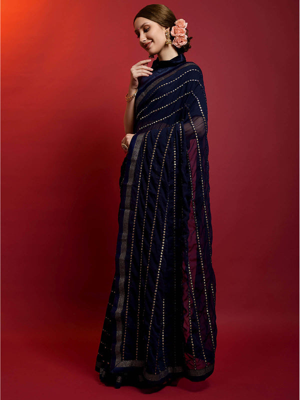 Women's Dark Blue Georgette Saree With Blouse - Odette