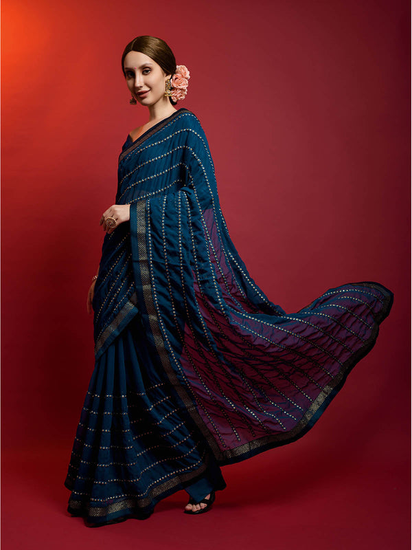 Women's Dark Blue Georgette Saree With Blouse - Odette