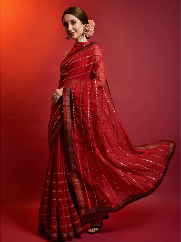 Women's Red Georgette Saree With Blouse - Odette