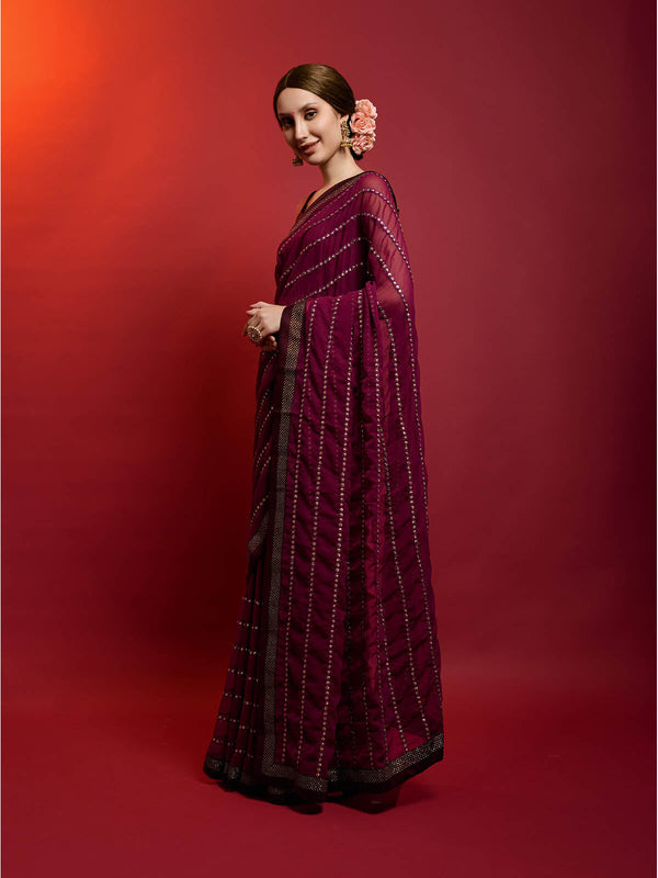 Women's Violet Georgette Saree With Blouse - Odette