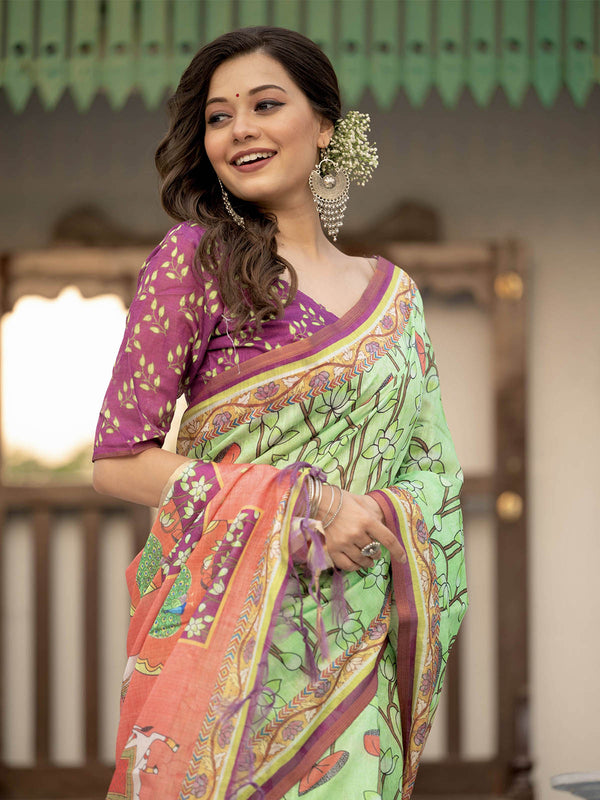 Women's Green Mul Linen Blend Saree - Odette