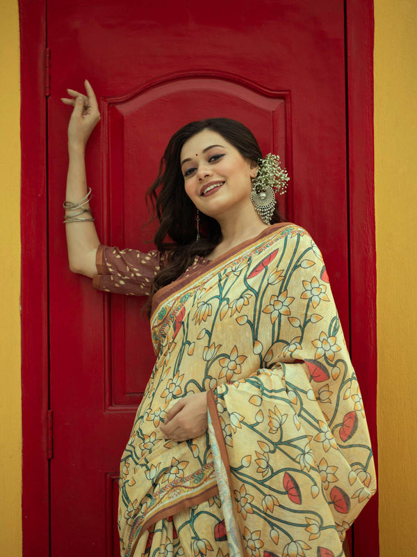 Women's Yellow Mul Linen Blend Saree - Odette